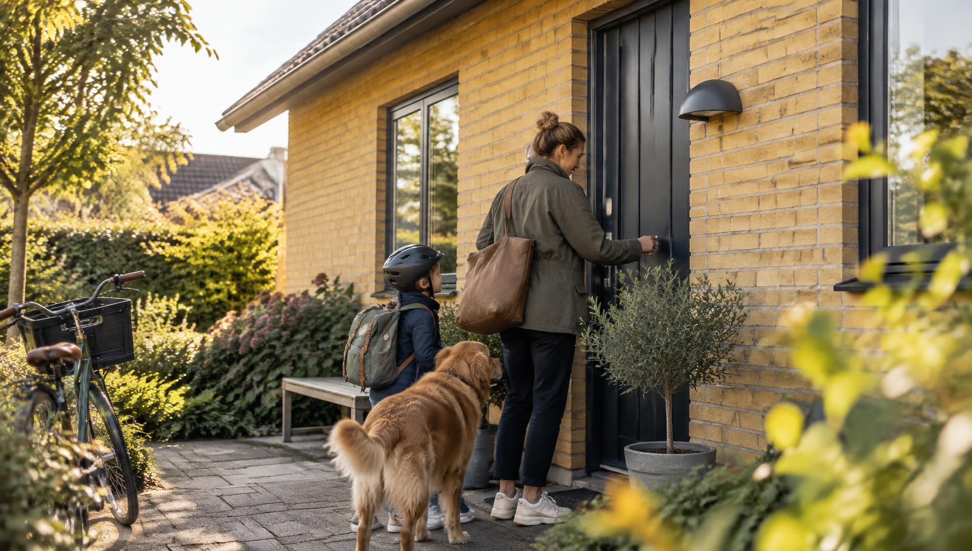 En forælder låser hoveddøren op til et dansk murstenshus, mens et barn med cykelhjelm og en hund står ved siden af.